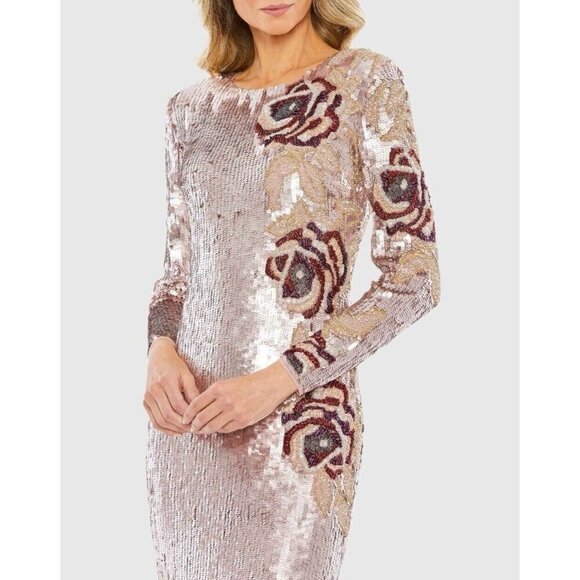 Mac Duggal Size 12 Pink SEQUINED ASYMMETRICAL FLORAL LONG SLEEVE MIDI DRESS $538 - Picture 2 of 9